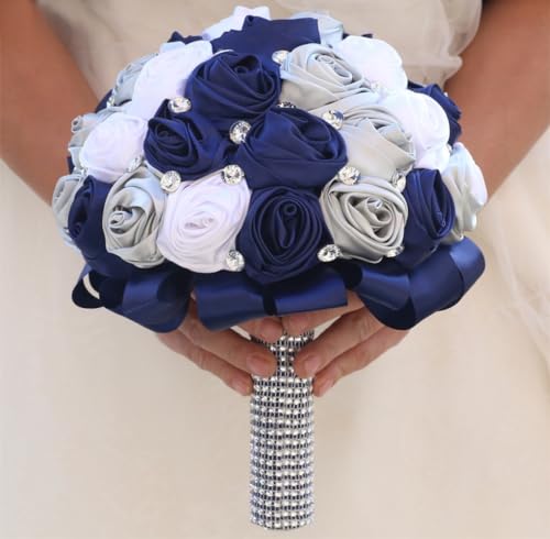 Bridal Wedding Bouquet with Bling Silver Rhinestones for Bride Bridesmaid Quinceanera Satin Rose Flower Bouquet Wedding Navy Blue White and Silver Grey 8.7in - color: Navy Blue, Silver & White (Standard Size: Dia.8.7")