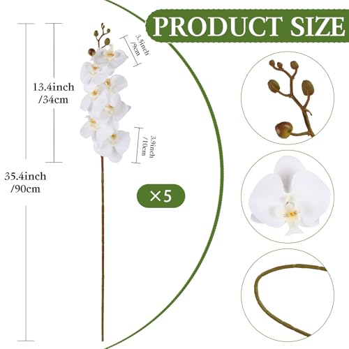 White Orchids Artificial Flowers 5PCS Fake Orchid 35.4" Long Stem Faux White Flowers Silk Orchids That Look Real for Bridal Shower Home Party Wedding Decoration - color: White