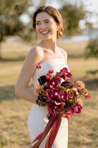 Ling's moment Artificial Wedding Flowers Combo, Fake Greenery for DIY Bouquets Centerpieces Decorations Foam Rose Hydrangea with Stems for Party Home Decor, Earth Brown & Black Baccara, Deluxe Combo - color: Earth Brown & Black Baccara & Plum, size: Delux