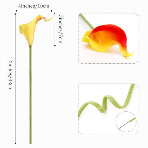 Artificial Calla Lily 12Pcs Orange Real Touch Faux Flowers for Wedding Bouquet, Bride Bridal Shower, Spring Home Kitchen Table Decor, Fake Lilies for Centerpieces, Party Decorations - color: Red Yellow