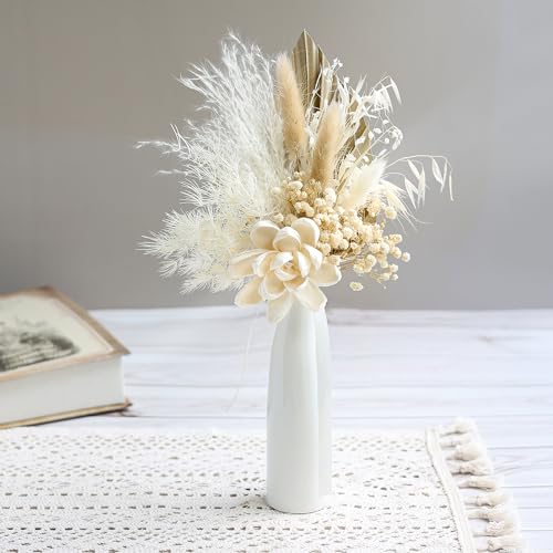 xin's convey Dried Flowers Bouquet with Vase,Dried Pampas Grass Bouquet, Dried Flowers for Boho Home Decor,Farmhouse Decor, Wedding Party Table Centrepieces. (White) - color: White