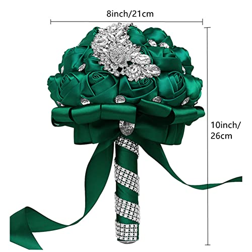 Wedding Bouquets for Bride Bridesmaid Brooch Bouquet Handmade Artificial Rhinestone Satin Rose Flower Tossing Bouquet for Wedding Ceremony Anniversary(DarkGreen,15cm) - color: Dark Green, size: 5.9''/15cm