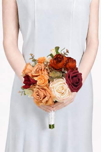 Rinlong Burnt Orange Bridesmaid Bouquet, Terracotta Fall Wedding Bouquets | Silk Bridal Bouquet, Prom, Homecoming, Destination Friendly - color: 13-terracotta & Gold