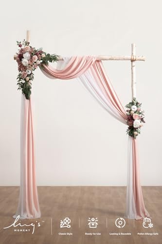 Ling's moment Pink Mauve Artificial Wedding Arch Flowers Kit Pack of 4, 2pcs Hanging Flower Arrangement 2pcs Chiffon Drapes Spring Ceremony Reception Fake Rose Arbor Backdrop Floral Outdoor Decor - color: Pk-dusty Rose Mauve