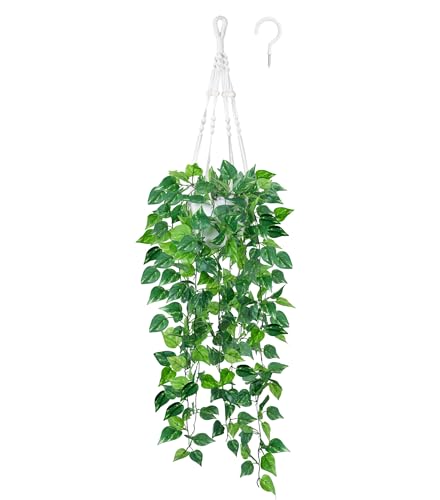 DREAMLOOM Fake Hanging Plants with Pot, Artificial Pothos Hanging Plants with Macrame Hanger for Indoor Decor, Fake Hanging Vines Faux Greenery for Home Kitchen Office - color: Pothos