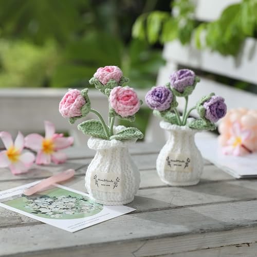 Crochet Rose Flower Potted Plant – Pink, for Her, Handmade Knitted Romantic Desk Decor - color: D-rose-pink