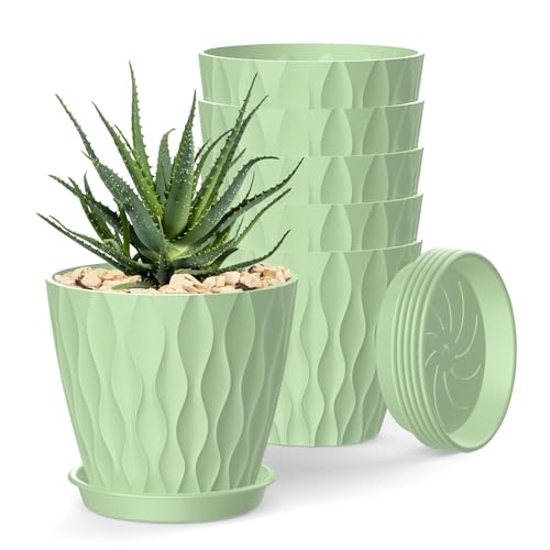 4 Inch Plant Pots, 6 Pack Indoor Flower Pots, Planters with Drainage Holes and Trays for Orchids, Violets, Succulents, Herbs, and Other Plants,Green - color: Green, size: 4inch