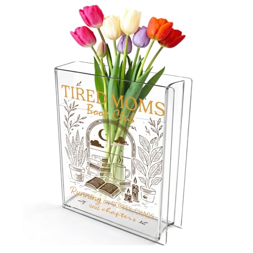 Moms Book Flower Vase Mothers Day Birthday Book Lover Gifts for Mom Mother from Daughter Son Coffee Chaos and Chapters Tired Moms Funny Acrylic Book Shaped Vase Decor for Home Office Table Vase 3804 - style: Casual