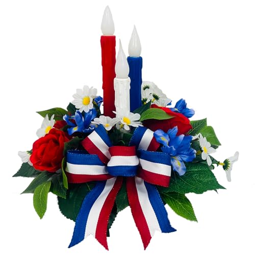 4th of July Decorations,Patriotic Floral Arrangement Centerpiece for Table, Red White and Blue Fake Flowers Fourth of July Taper Flameless Candles for Independence Day Home Decor,Memorial Day Décor