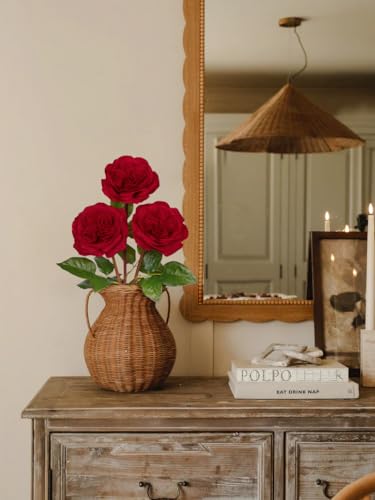 Artificial Roses - Set of 3 Long-Stem Real Touch Silk Rose, 24.4" Faux Flowers for Home Decor, Wedding Bouquets, Centerpieces & Floral Arrangements – Lifelike Red Fake Roses - color: Dark Red
