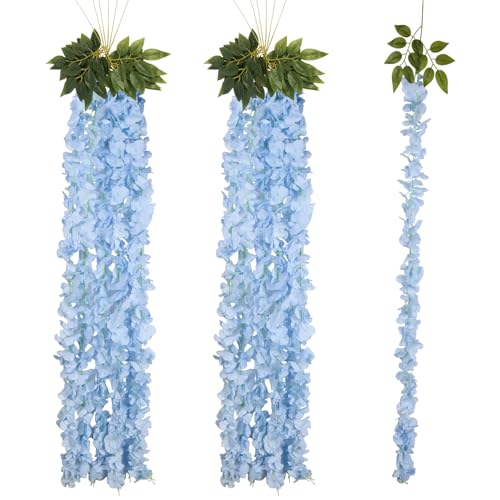 12PCS Light Blue Wisteria Hanging Flowers 6.4FT Artificial Hanging Wisteria Flowers for Decoration for Wedding Arch, Backdrop, Garden Party Decor (Light Blue) - color: Light Blue