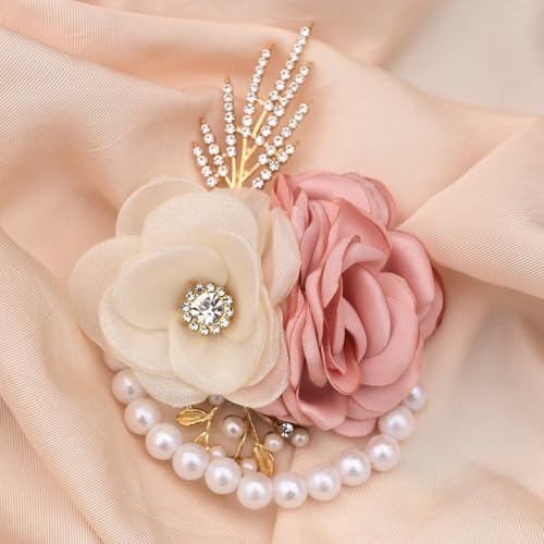 Satin Rose Corsage and Boutonniere Set for Bride Groom Bridesmaids Groomsmen Wedding Homecoming Flowers Prom Party Suit Accessories (Pink) - color: Pink