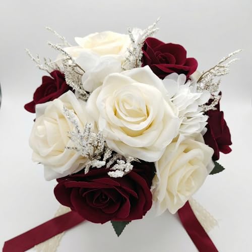 Wedding Bouquets for Bride, Ivory White Burgundy Bridal Bouquet | Realistic Silk Rose for Rustic Boho Church Ceremony, Proposal, Thanksgiving, Wedding Decor - color: Ivory White and Burgundy