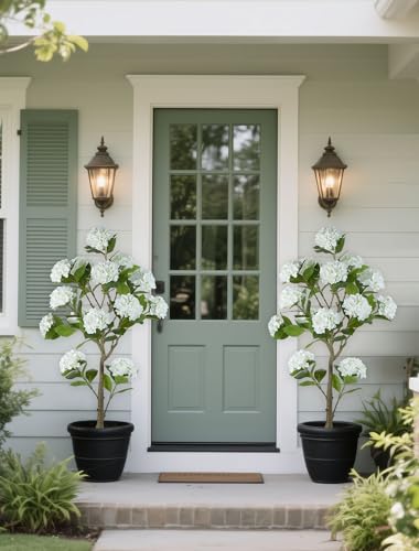 BLOSMON White Hydrangea Artificial Trees: 5ft Real Touch Faux Hydrangeas Flower Tree with Pot for Front Porch Planters Decoration Outdoor - Fake Silk Floral Plant for Home Patio Entrance Decor Indoor - color: White Hydrangea
