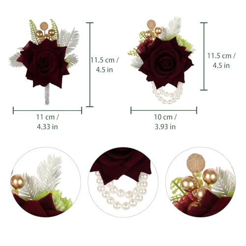 2PCS Burgundy Corsage and Boutonniere Set, Rose Wrist Corsage for Brides Corsage Wristlet for Prom Decor, Groom Boutonniere Set for Men Wedding Anniversary Flowers Party Suit Decoration (Red) - color: Burgundy