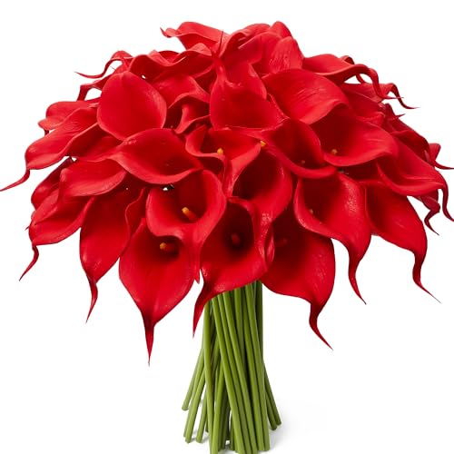 24 Pcs Red Artificial Calla Lily Flowers Fake Red Silk Flowers Real Touch for Wedding Bouquet Office Home Kitchen Decor - color: Red