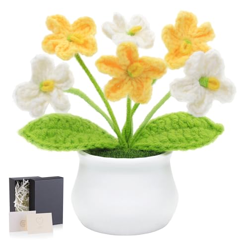 LAIDANLA Crochet Flowers Forget Me Not Gradient Yellow Handmade Crochet Flower Potted Plant for Desk, Anniversary Graduation Appreciation Birthday Small Gifts for Women Teacher Mom Coworker Friend - color: Ombre Yellow