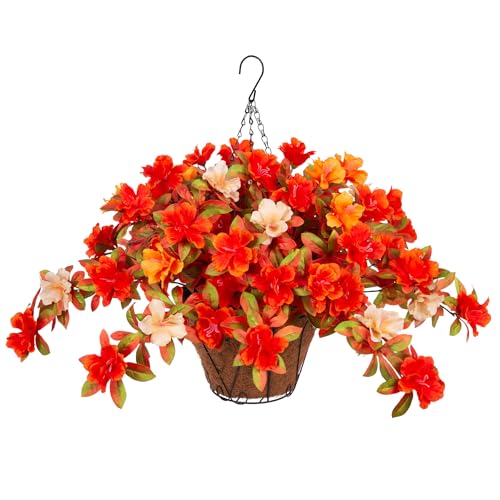 Ammyoo Fall Flowers with Hanging Basket Artificial for Decoration, Fake Silk Rhododendron Flowers for Outdoors, UV Resistant No Fade Floral for Home Garden Balcony Porch Patio Wedding Party Decor - color: Z-orange Yellow White With Basket