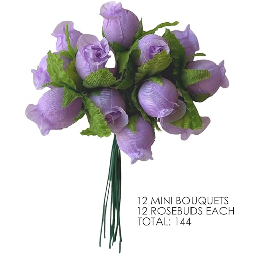 GiftWrap Etc. Lavender Artificial Silk Flower Roses - 12 Mini Bouquets of 12 Rosebuds, 144 Rosebuds Total, Valentine’s Day Wedding Decor, Easter Pastel Reception Flowers, Spring Anniversary Wreath - color: Lavender