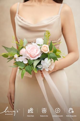 Ling's moment Pink Artificial Wedding Flower Bouquets for Bridesmaids White Floral Bouquet Blush Bridal Bouquets for Bridesmaids with Ribbon Ceremony Anniversary,7-inch Diameter - color: Pk-posy-blush & Cream