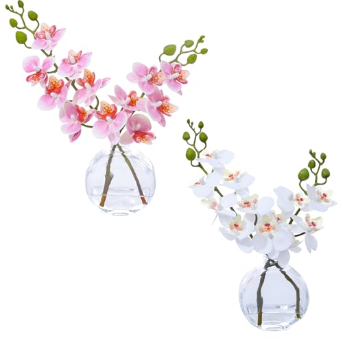 2PCS Pink and White Orchid Artificial Flowers Fake Flowers Small Fake Plant Table Shelf Decor Flower with Vase Fake Water - color: Jsorchid-pink White
