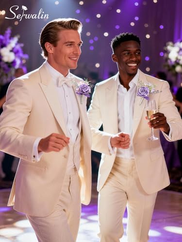 Serwalin 6 Pcs Purple Boutonniere for Men, Groom Groomsmen Best Man Guest Boutonnieres，Artificial Flowers Silk Rose for Wedding Prom Ceremony Anniversary Party Homecoming - color: Purple, size: Boutonniere 6pcs
