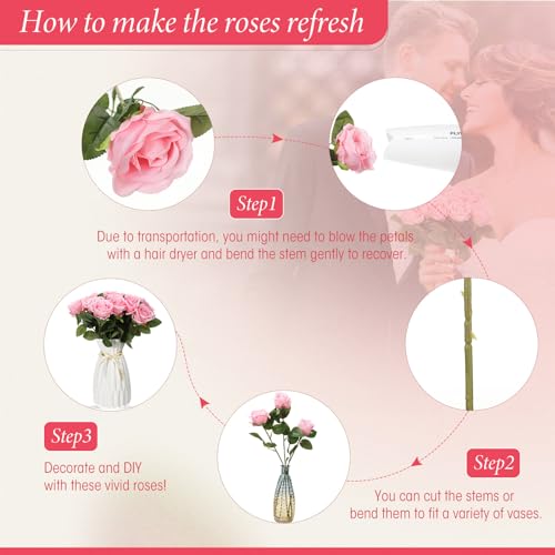 Hotop 40 Pcs Rose Artificial Flowers Bulk with Long Stem,Realistic Silk Fake Roses Bouquet for Home Wedding Centerpieces Party Table Decoration Valentines Gifts(Pink) - color: Pink