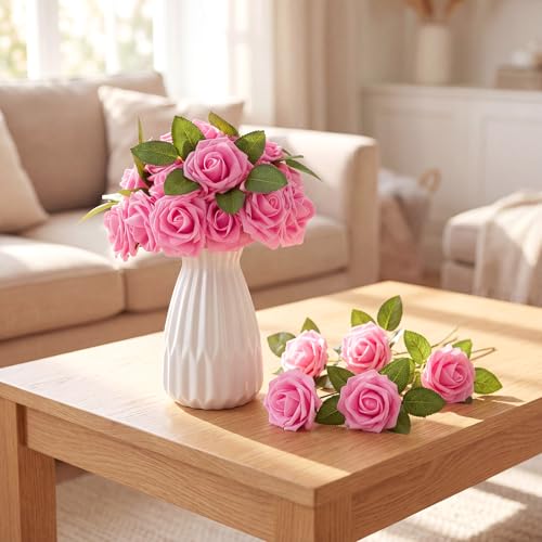 50 Pcs Artificial Foam Rose Flower Faux Bouquet Wedding Fake Rose Gift for Mother's Day Women DIY Bridal Shower Party Table Birthday Home Spring Decor (Bright Pink) - color: Bright Pink