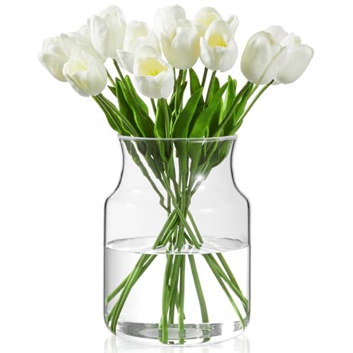Clear Glass Vase, Large Flower Vase, 8-inch Glass Flower Vase for Plants, Wide Mouth Vase for Home, Wedding, Living Room, Dining Table - size: 6"W x 8"H
