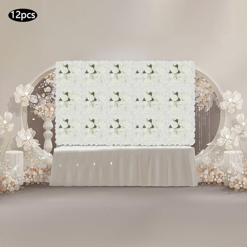 12Pcs Artificial Flower Wall Panel 3D Floral Backdrop Walls 15" X 15" Flower Wall Decor Flower Backdrop Faux Rose Panel for Party Home Background, White & Green - color: Champagne, Autumn Warm