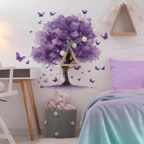 Purple Tree Wall Decals Removable Purple Butterfly Wall Stickers Peel and Stick Vinyl Plant Wall Decor Waterproof for Bedroom Living Room Bathroom Decorations - style: Purple Tree