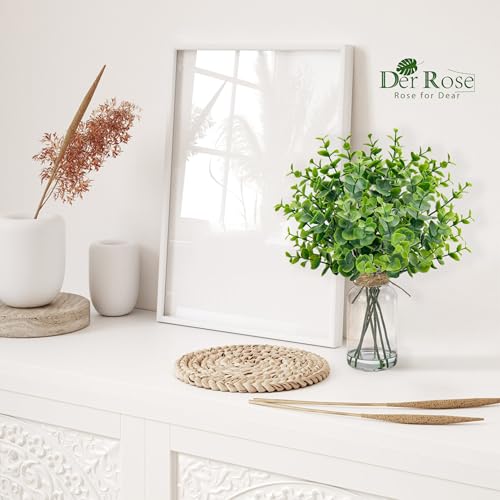 Der Rose 14.5" Fake Plants for Bathroom Decor Artificial Eucalyptus Stems in Clear Glass Vase with Faux Water for Office Desk Accessories Home Wedding Decor