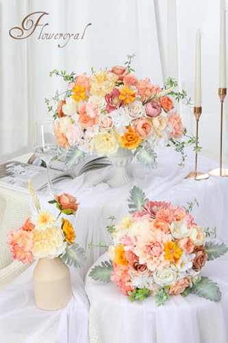 Floweroyal Artificial Flowers Combo Champagne Flowers Mix Silk Flowers Dahlia Roses with Stems for DIY Wedding Bridal Bouquets, Baby Shower, Floral Arrangement, Table Centerpieces, Home Decorations. - color: Champagne Pink