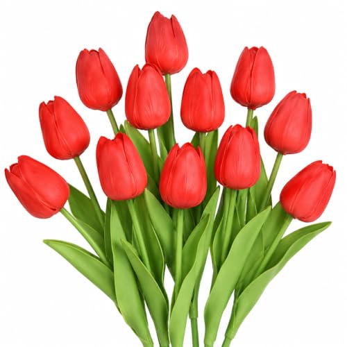 10 Pack Tulips Artificial Flowers PU Faux Flowers Fake Tulips for Home Kitchen Wedding Dining Table Decorations Mother's Day Easter Valentine's Day Decor (Red) - color: Red