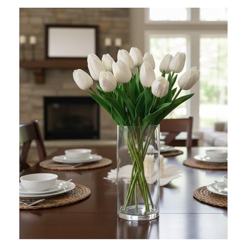 18pcs Artificial Tulips 13" PU Artificial Flowers for Family Friends Gifts DIY Flower Arrangement Home Kitchen Office Party Wedding Dining Table Decoration, White - color: White