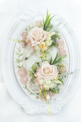 2 Pcs Wrist Corsage and Boutonniere Set, Blush Pink Corsage for Wedding, Boutonniere for Men Artificial Rose Flower Wristlet Bracelet Prom Ceremony Anniversary Accessories Decor Suit - color: Blush Pink