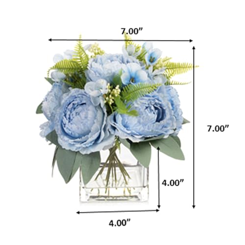 ENOVA FLORAL Artificial Flower Arrangement with Vase,Mixed Artificial Silk Peony Flower in Vase for Decoration Home Office, Wedding Centerpiece (Blue) - color: Blue