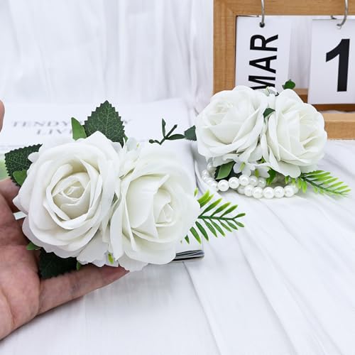 2Pcs White Artificial Rose Wrist Corsage Wristlet Band and Boutonniere Set, for Wedding Bride Bridesmaid Flowers Accessories Prom Party Men Groom Groomsmen Suit Decor - color: White