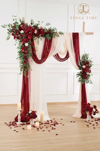 TINGE TIME Wedding Arch Flowers Kit - Deluxe 5pcs Artificial Floral Swag with 3 Sheer Drapes, Realistic Silk Flower Arrangements for Wedding Ceremony Arbor Backdrop Reception Party Home Decor - color: Burgundy Red