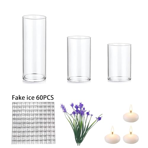 Floating Flower for Table Centerpiece Artificial Purple Orchid Glass Cylinder Vase Set with Floating Candles Fake Ice Cubes for Wedding Party Home Bar Restaurant Festival Decoration - color: Purple 2