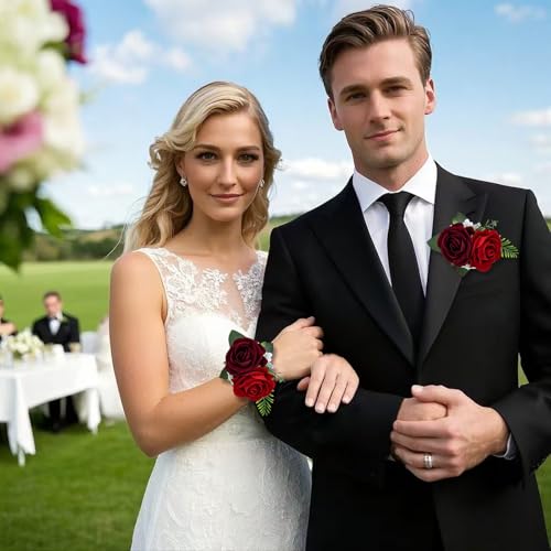 2Pcs Burgundy & Red Rose Wrist Corsage Wristlet Band and Men Boutonniere Set, for Wedding Bride Bridesmaids Groom Groomsmen Accessories Prom Party Artificial Flowers Decorations - color: Burgundy & Red
