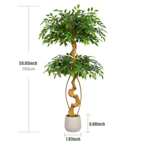 5FT Artificial Ficus Tree, 60in Fake Silk Tree with Natural Curved Trunk & 1488 Lush Leaves, Floor Faux Plant with White Pot, Low Maintenance Decor for Home, Office, Patio - color: Ficus Tree 5ft