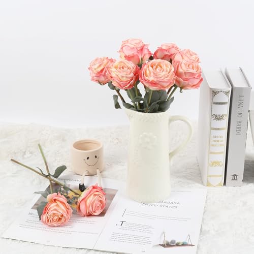 IPOPU 10PCS Roses Artificial Flowers Silk Flowers with Long Stem Fake Roses for Valentine's Day Wedding Bridal Bouquets Floral Arrangement Table Centerpieces Home Decoration(Peach) - color: Peach