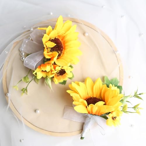 Alizeal 2Pcs of Wrist Corsage and Boutonniere Set, Artificial Flowers Accessories Suit Decor for Wedding Prom Party Homecoming Ceremony, Sunflower - color: 701-sunflower