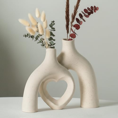 Liotww Snuggle Hollow Hug Donut Ceramic Vase, 8.3 Inch Modern Nordic Boho Style Aesthetic Decorative Flower Vases for Home Decor Pottery Barn Dining Living Room Table Shelf (Milky White) - color: Heart - Beige