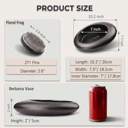 Ikebana Vase Kit - Japanese Oval Ceramic Bowl Vase with 2.8'' Diameter Floral Frog，Kenzan Ikebana Set with Frog Flower Holder for Japanese Flower Arrangement (Black, 2.8'' Floral Frog Included) - color: Black, size: 2.8'' Floral Frog Included