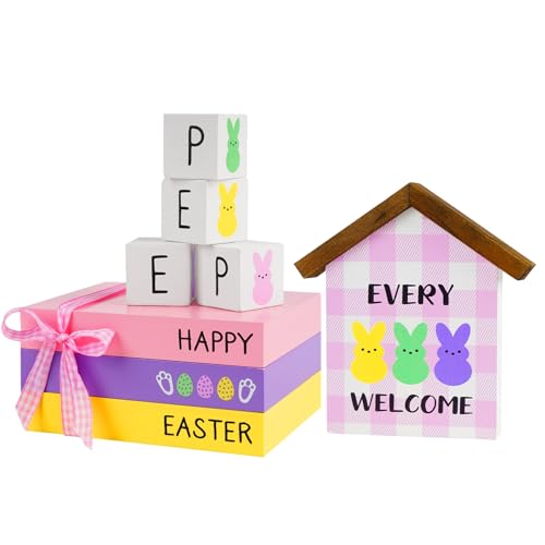 Nuvagiki 8PC Easter Wooden Book Stack Decor - Spring Bunny Stack for Shelf/Mantel, Farmhouse Decor with Pastel Wooden Books, Easter Gift Set - color: Easter Pink
