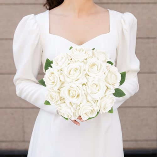 White Roses 16pcs Velvet White Artificial Roses Flowers 3.15" Silk Roses for Bridal Bouquet Wedding Flowers for Floral Centerpieces Home Party Decor (White) - color: 3.15" White