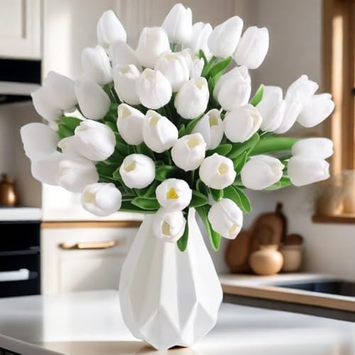 PU Real Touch Tulips Artificial Flowers 30Pcs Fake Flowers Arrangement Bouquet for Home Office Wedding Decoration (White) - color: White 30pcs