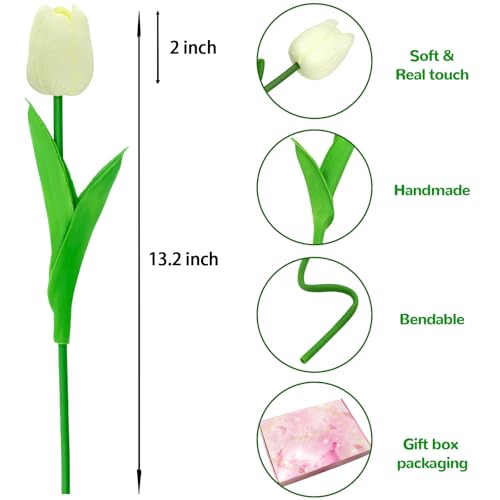 28pcs Cream Flowers Artificial Tulip Stems Real Feel PU Tulips for Easter Spring Wreath Wedding Bouquet Centerpiece Floral Arrangement Cemetery Table Décor 13" Tall - color: Cream